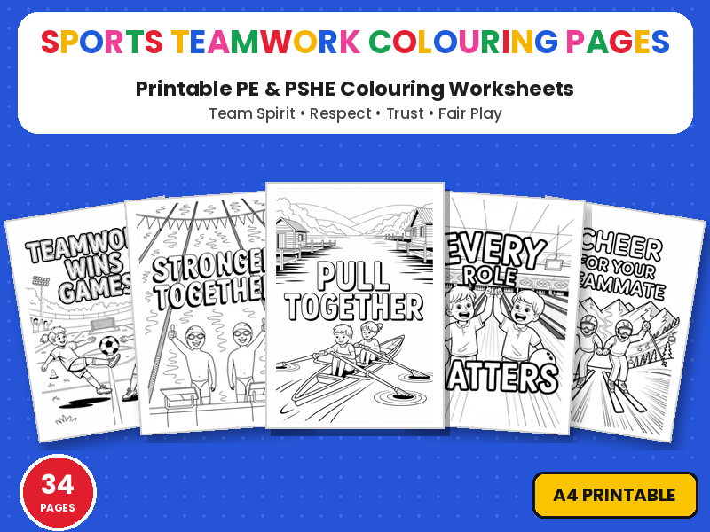 Sports Teamwork Colouring Pages | PE Team Spirit & Fair Play Printable Colouring Page Worksheets