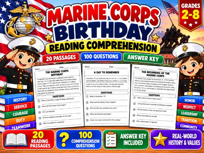 Marine Corps Birthday Reading Comprehension | 20 Passages, 100 Questions & Answer Key