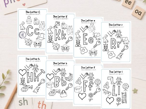 Phase 2 Phonics Colouring Sheets pack One (C,K,E,R,H,B,F,L)