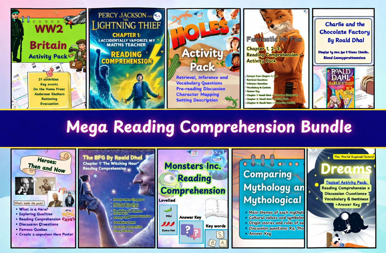 Mega Reading Comprehension + Activity Packs Bundle: 12 Themed Packs (Harry Potter, Charlie and the Chocolate Factory, Dreams, Fantastic Mr Fox, The BFG, Percy Jackson & More)