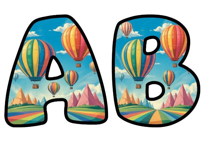 Colorful Places Hot Air Balloons Classroom Display | Lettering Set | Whole Alphabet A-Z and 0-9