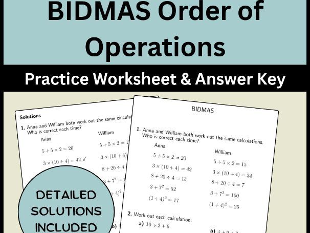BIDMAS Order of Operations Practice Worksheet & Answer Key
