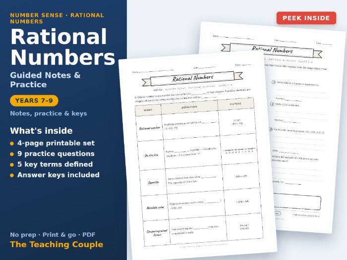 Rational Numbers Guided Notes & Practice + Answer Keys | Years 7-9