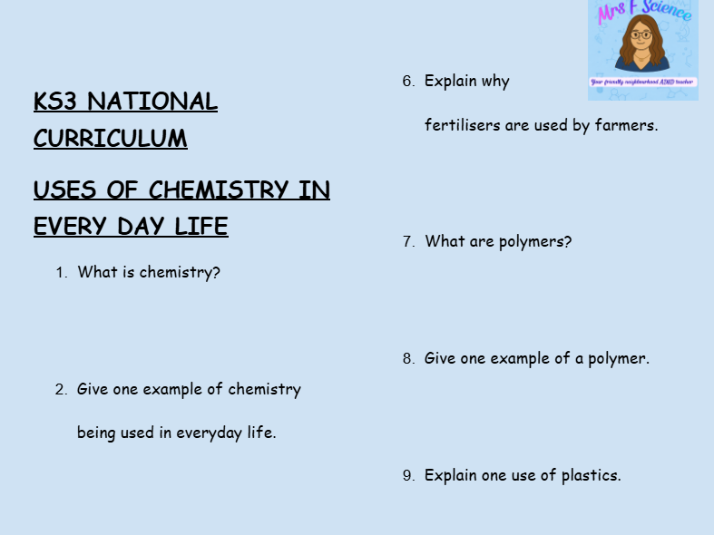 KS3 Chemistry: Uses of Chemistry in Everyday Life – 30 Question Retrieval Worksheet