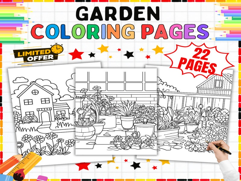 Garden Coloring Pages | Flowers Plants Nature Art Activity Worksheets | Fine Motor Skills Practice