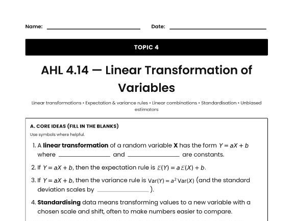 IB Math AI Worksheet AHL 4.14 - Linear Transformation of Variables