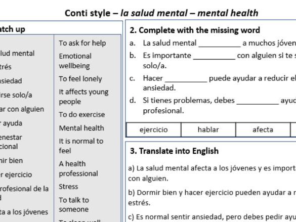 Mental Health and Wellbeing in Spanish – Conti-Style Vocabulary & Practice Worksheet