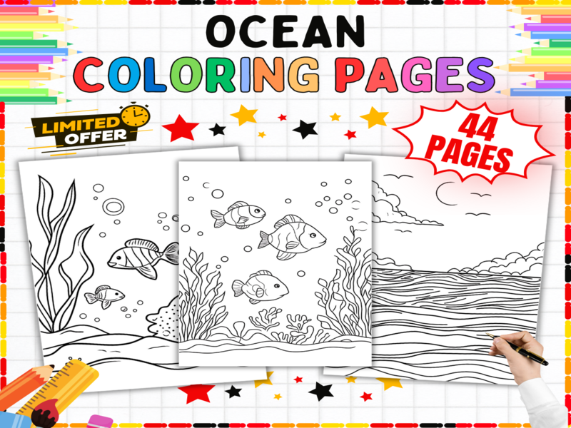 44 Ocean Colouring Pages | Under the Sea Art Activities | Fish Seaweed Waves Printable Worksheets