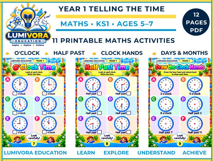 Year 1 Telling the Time Worksheets | O'Clock & Half Past | KS1 Maths