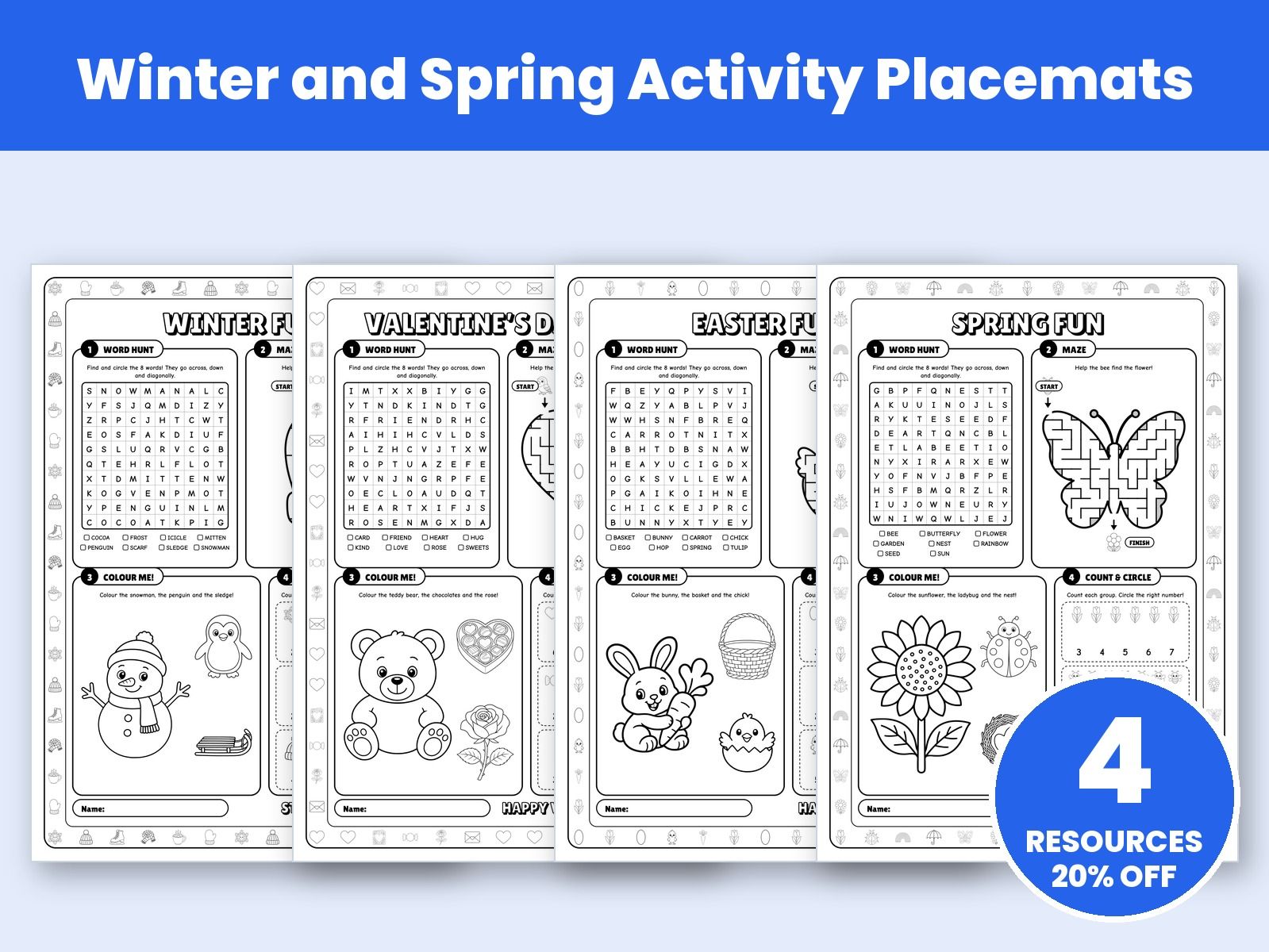 Winter and Spring Activity Placemats