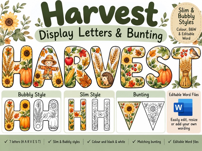 Harvest Display Letters & Bunting | Slim & Bubbly | Colour, B&W & Editable Word