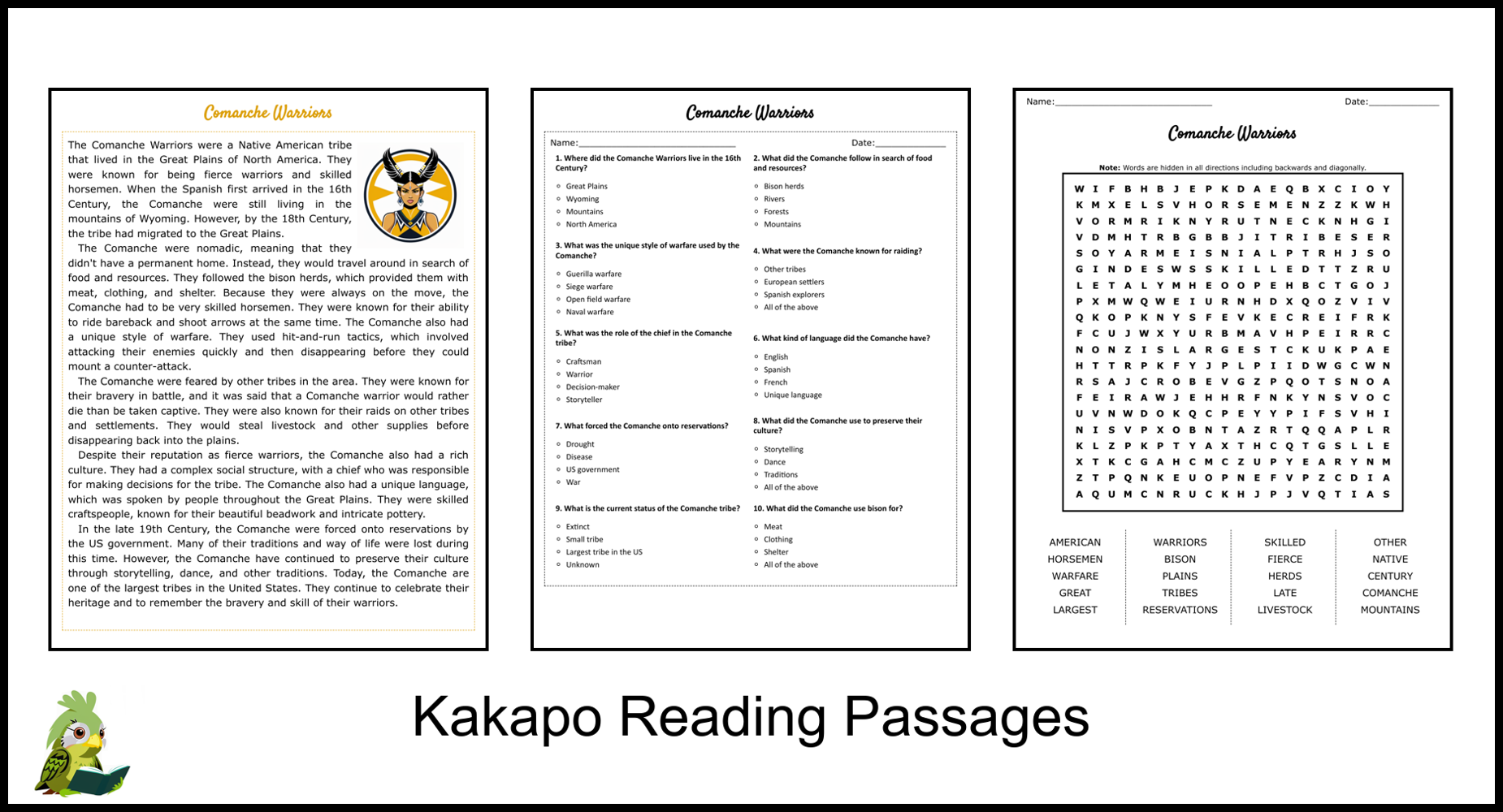 Comanche Warriors Reading Comprehension and Word Search Teaching