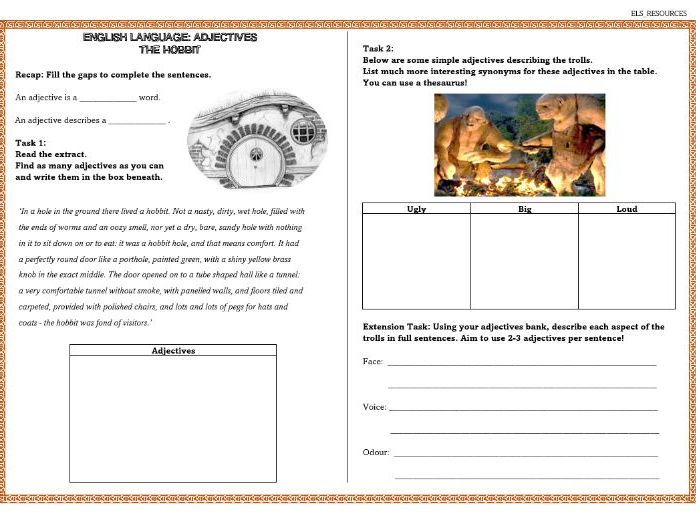 FREE English - The Hobbit - Adjectives Worksheet