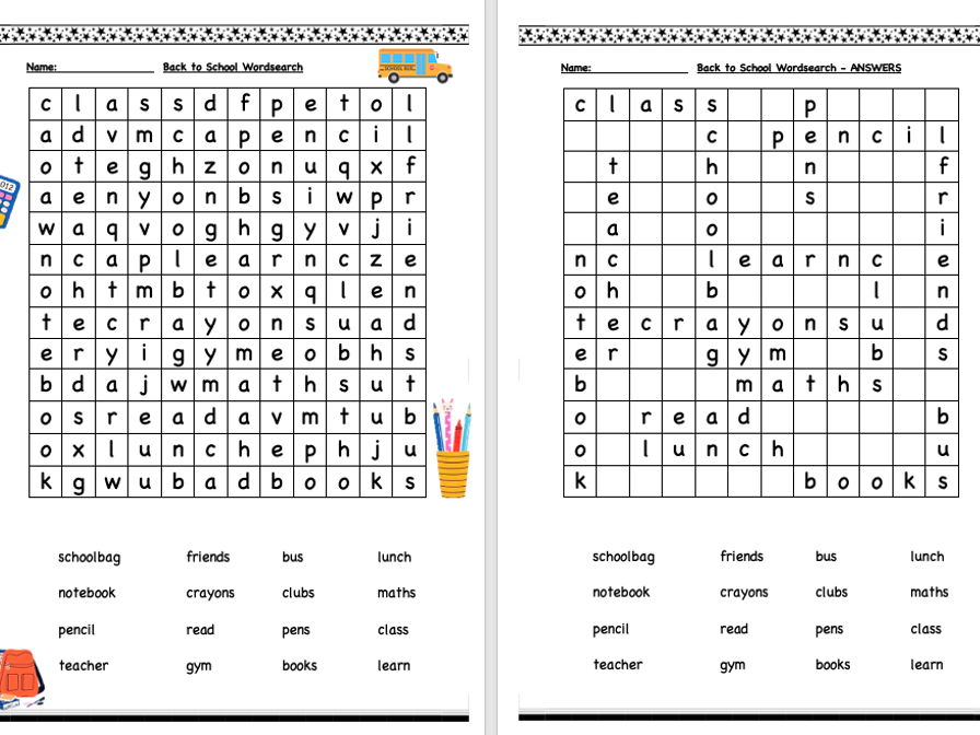 Back to School Wordsearch (Differentiated)