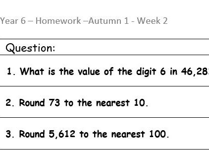 Year 6 Homework Sheets Autumn 1 8 Weeks