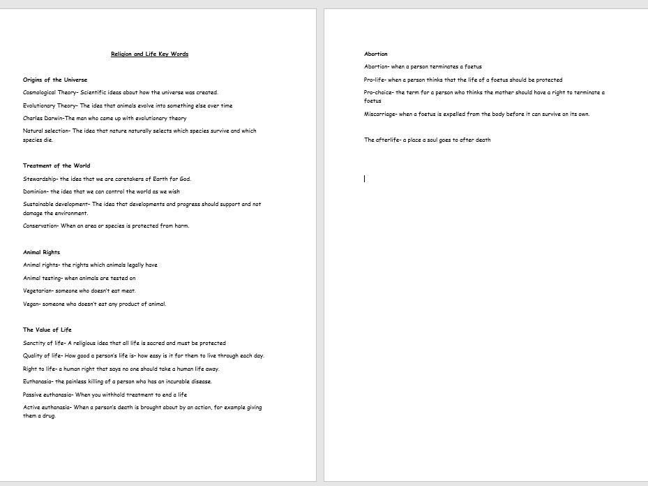 Religion and Life Key Words for R.E GCSE AQA Spec A