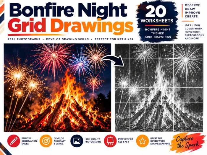 Bonfire Night Grid Drawing Worksheets | 20 Art Activities | KS3 & KS4 | Fireworks & Sparklers