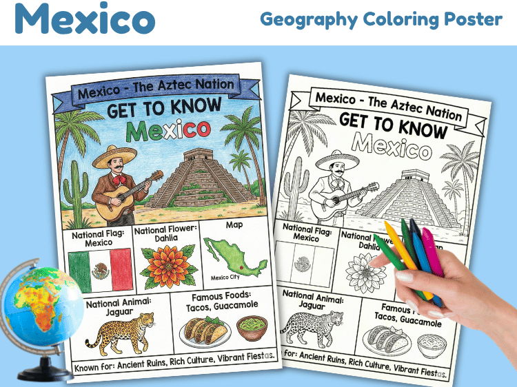 Mexico Geography Coloring Poster | Country Facts & Culture
