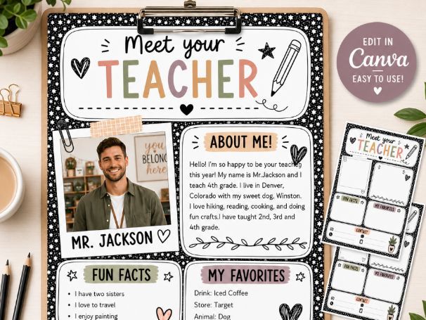 Meet the Teacher PDF | Editable Canva Templates | Composition Notebook & Boho Themes | Back-to-Schoo
