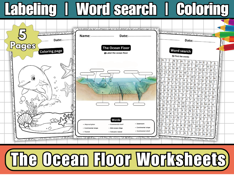 The Ocean Floor – Labeling Diagram, Coloring , Worksheets & Word Search | Marine Geography Activity