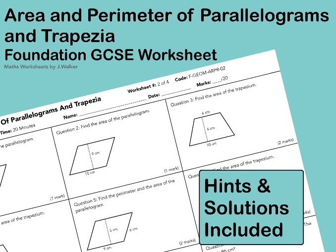 GCSE Maths Worksheet: Area and Perimeter of Parallelograms and Trapezia - Foundation Tier