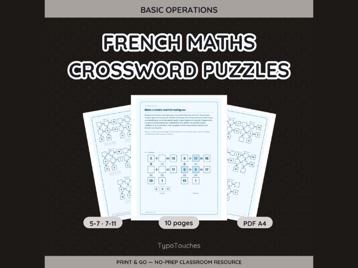 French Maths Crossword Puzzles | 10 Sheets