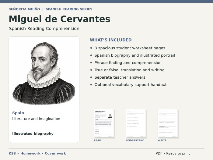 Miguel de Cervantes | KS3 Spanish Reading Comprehension - Homework & Cover
