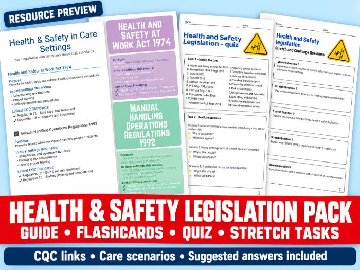 Health & Social Care Health & Safety Legislation – Level 2 & 3 Worksheets & Scenarios