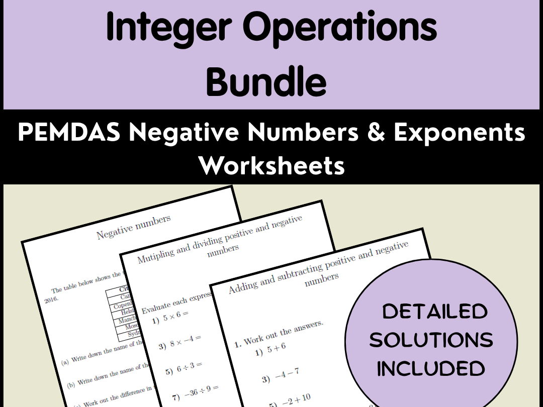 Integer Operations Bundle | PEMDAS Negative Numbers & Exponents Worksheets