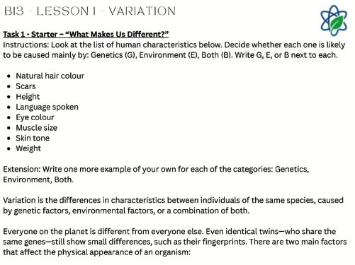 B13/L1 - Variation Revision Worksheet With Answers/ GCSE / AQA/ Combined Science