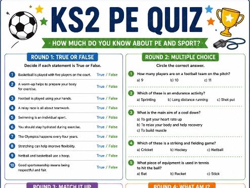 KS2 PE Quiz | End of Year PE Quiz | Primary PE Printable | Sports Quiz Activity | Years 3–6