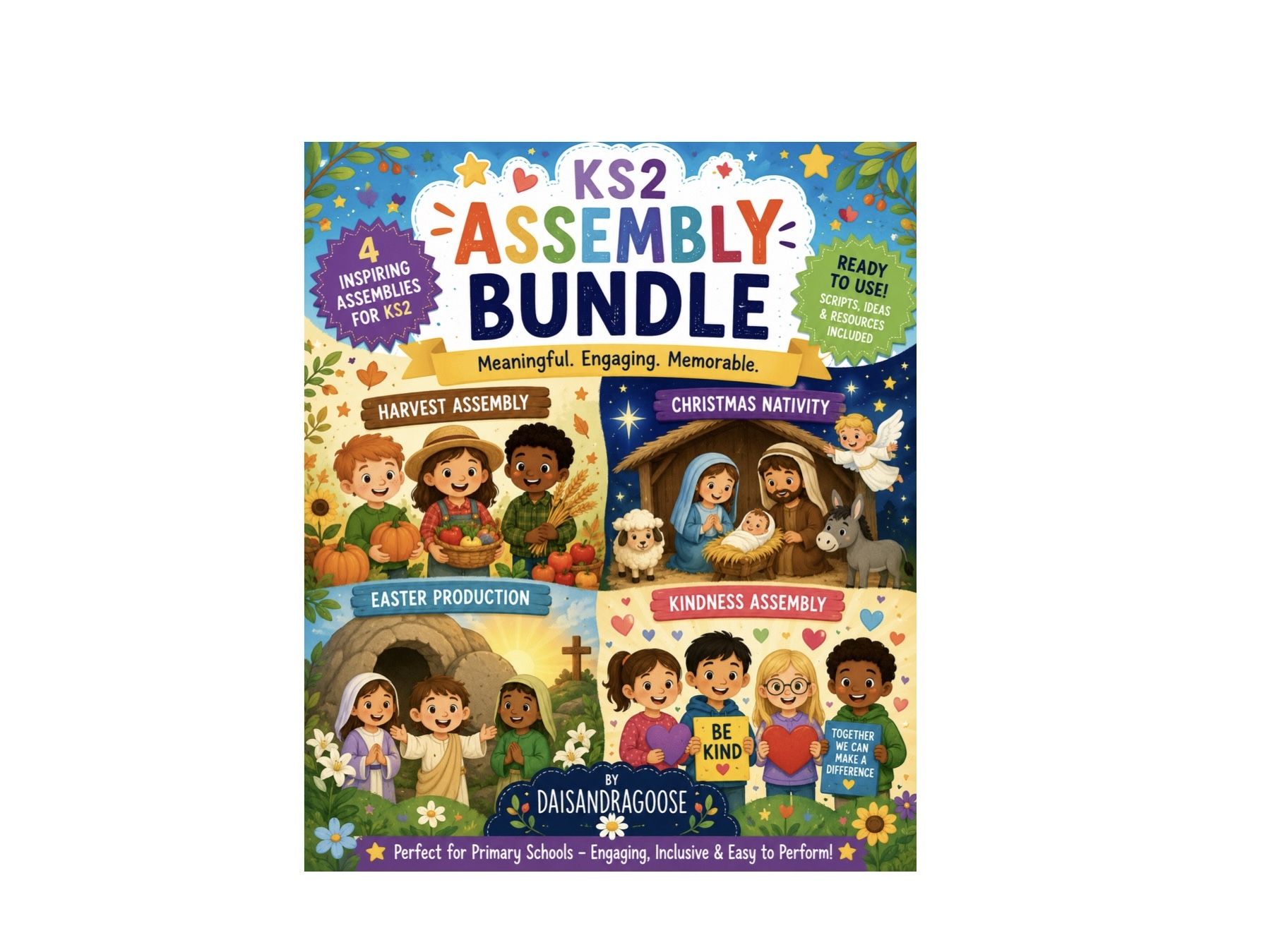 KS2 Assembly Bundle | Harvest • Christmas Nativity • Easter Production • Kindness Assembly Bring meaningful, engaging whole-school worship and performance opportunities to your classroom with this KS2 Assembly Bundle, containing four complete, ready-to-use assemblies designed especially for Key Stage 2 children.