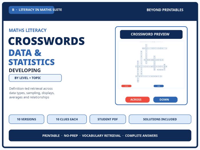 Developing Data and Statistics Maths Crosswords | 10 Vocabulary Puzzles with Solutions