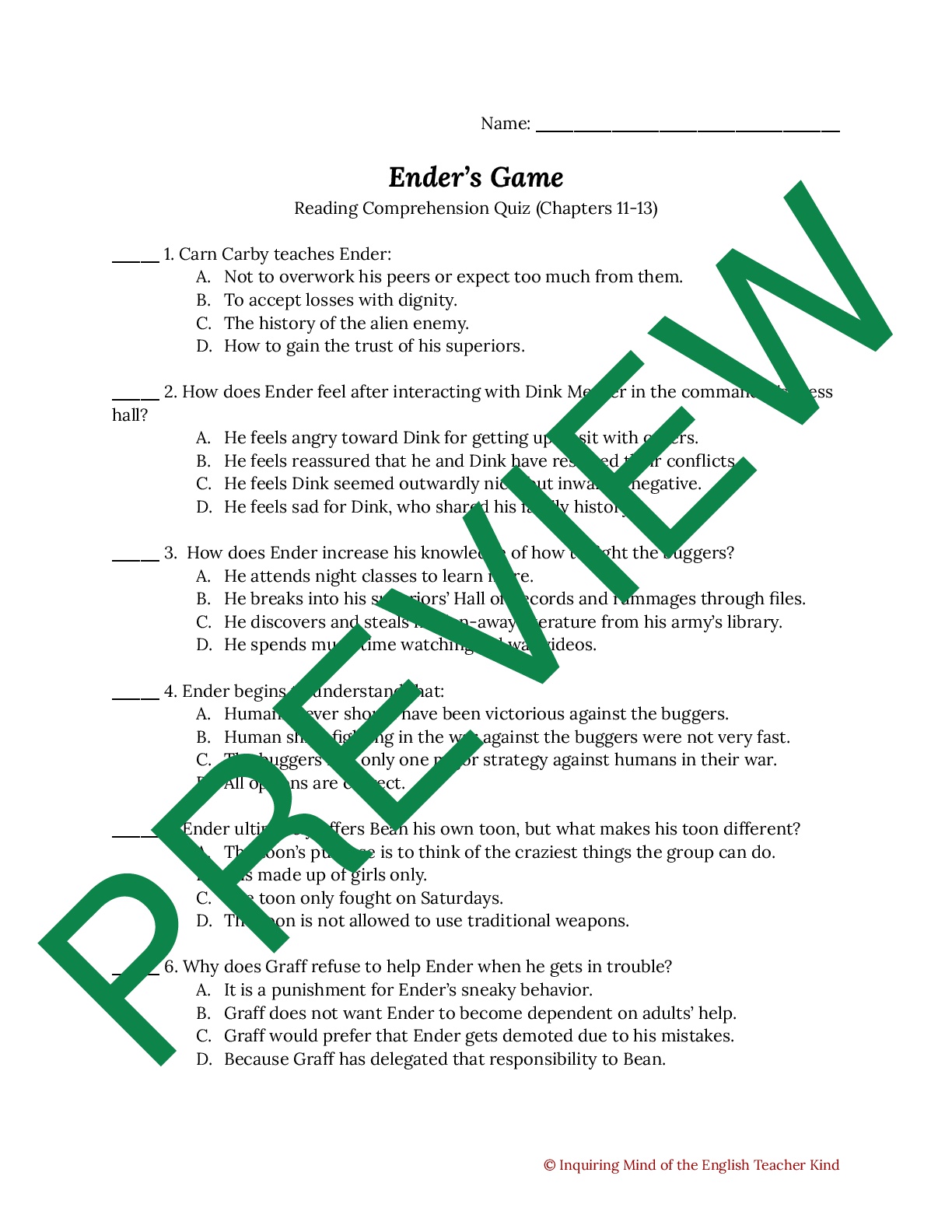 Ender s Game Quiz On Chapters 11 13 Teaching Resources Ender s Game Quiz On Chapters 11 13 Teaching Resources