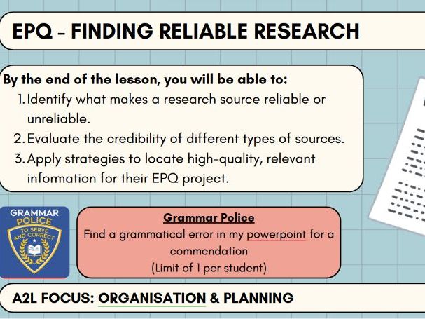 EPQ - Finding Reliable Information & Resource Summary Sheets