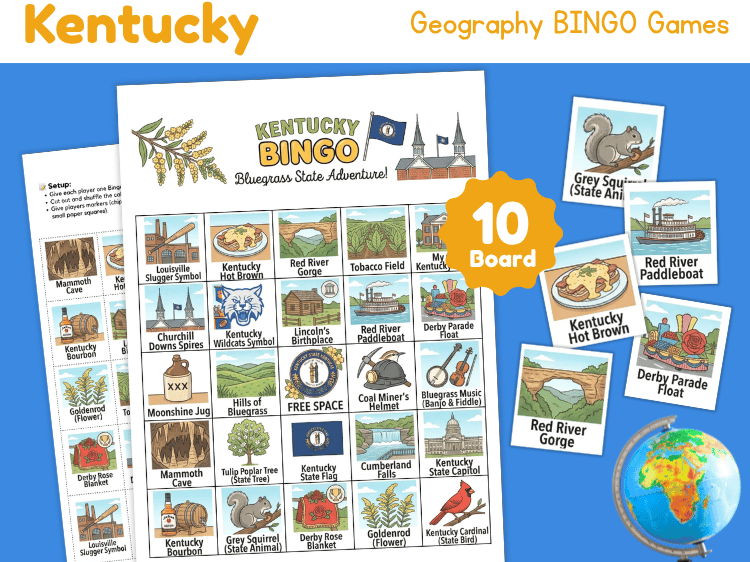 Kentucky Geography Bingo Game | 10 Printable State Study Boards