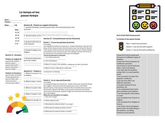 Hobbies & Weather (French) – Assessment, Mark Scheme & Self Assessment
