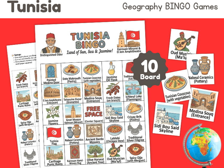 Tunisia Geography Bingo | Country Study Game & Culture Activity