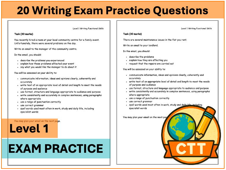 Level 1 English Functional Skills Writing Practice Pack – 20 Exam-Style 30-mark Questions