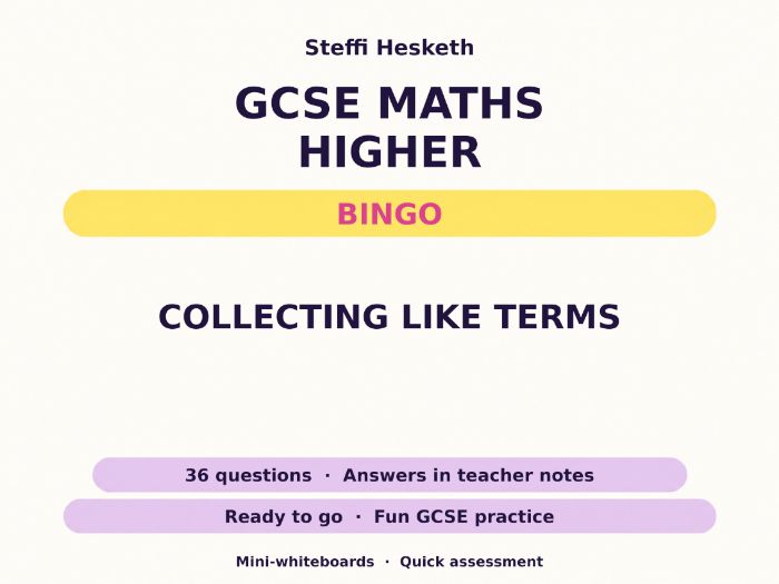 Collecting Like Terms GCSE Maths Higher Bingo