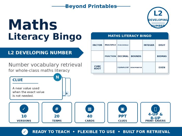 Maths Literacy Bingo: L2 Developing Number | 10 Versions | PPT Clues + 40 Cards