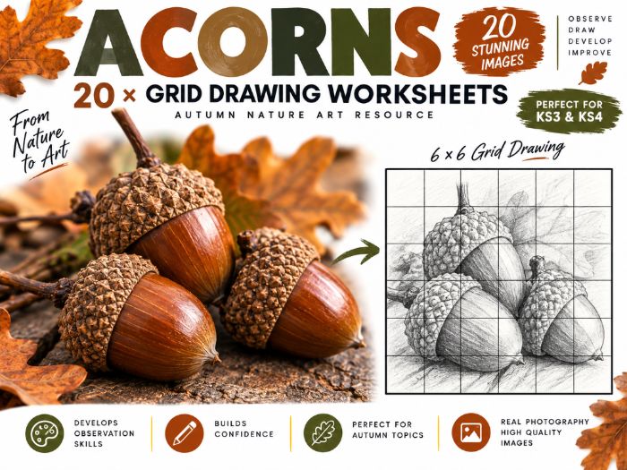 Acorns Grid Drawing Worksheets | 20 Autumn Nature Art Activities | KS3 & KS4
