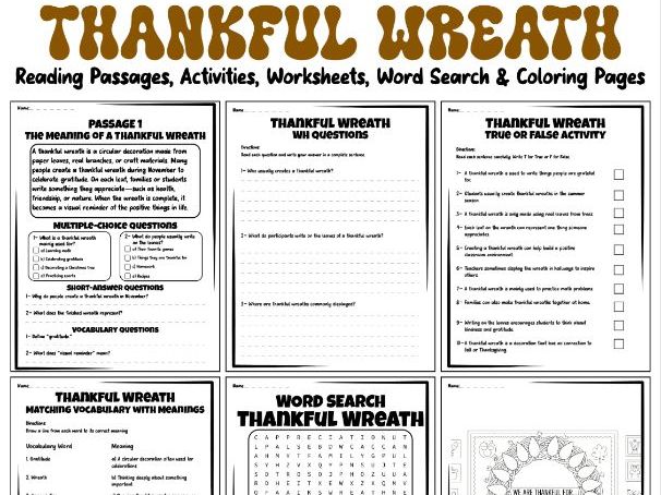 Thankful Wreath Reading Passages, Activities, Worksheets, Word Search & Coloring Pages