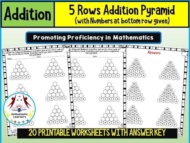 5-Row Addition Pyramid with Bottom Row Given Worksheets – Practice Activity