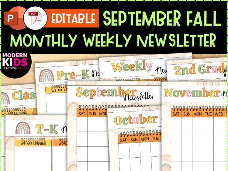 EDITABLE Month & Week September Fall Baho Raibo Theme Newsletter Templates