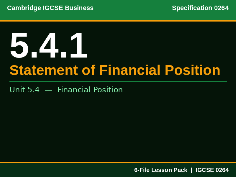 Cambridge IGCSE Business 0264 | 5.4.1 Statement of Financial Position | Lesson Pack