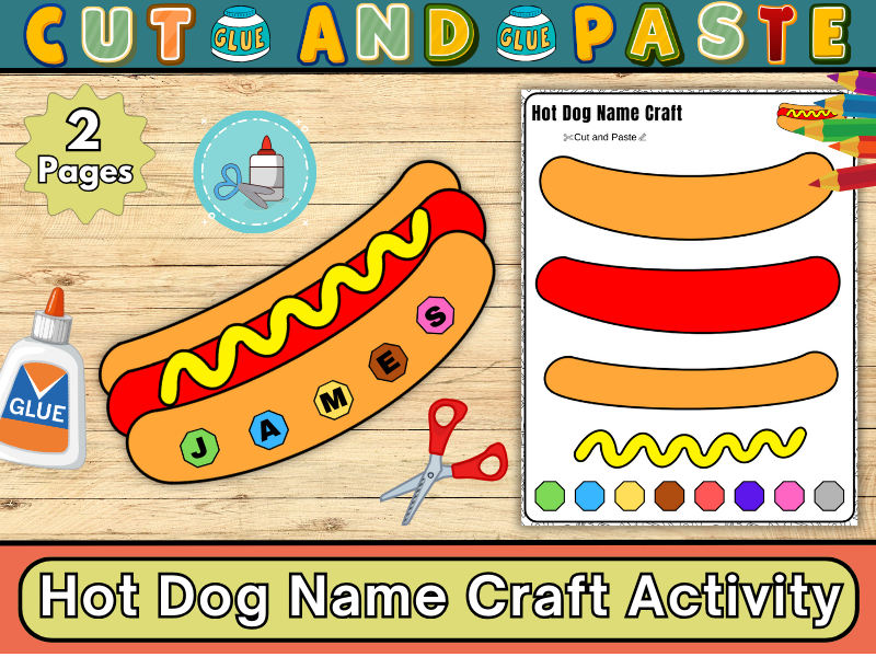 Hot Dog Name Craft Camping Theme Day Activities-Fast Food Hot dog Cut and Paste Activity