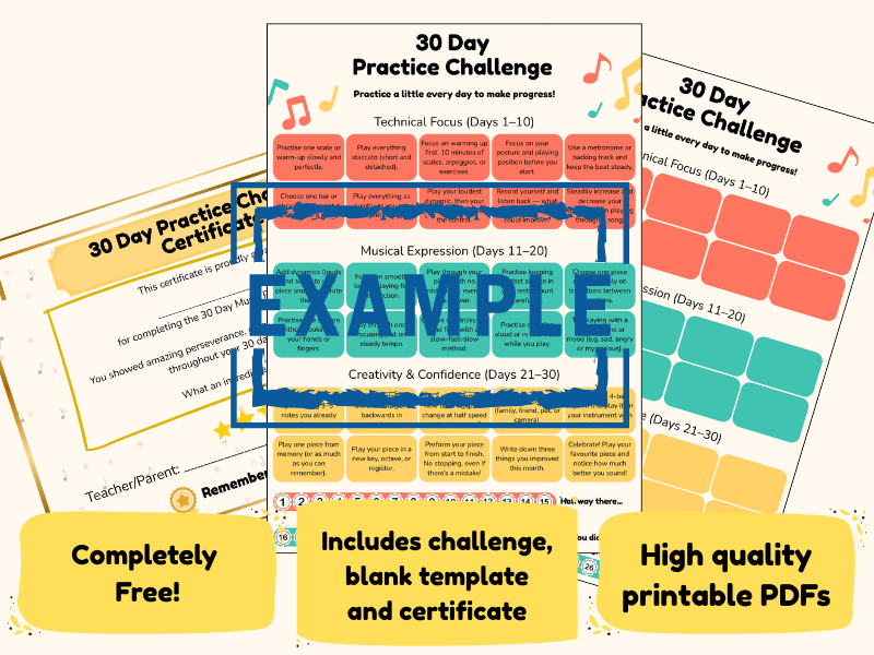 30-Day Music Practice Challenge Pack: Practice Tracker, Blank Template & Editable Certificate