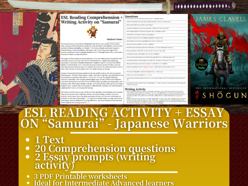 ESL Reading Comprehension + Writing Activity Worksheets on Samurai - Japan