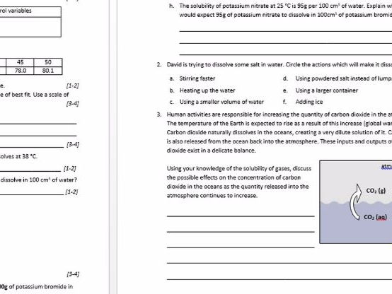 Solutions, solubility and stoichiometry test